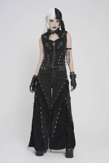 Black Cut-Out Spliced Mesh Eyelet Women's Punk Layered Ripped Pants