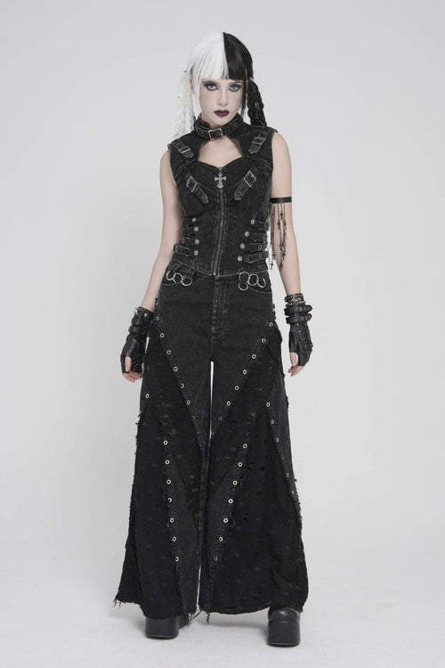 Black Cut-Out Spliced Mesh Eyelet Women's Punk Layered Ripped Pants