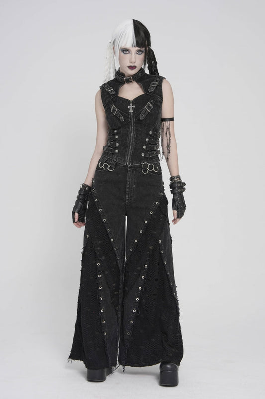 Black Cut-Out Spliced Mesh Eyelet Women's Punk Layered Ripped Pants