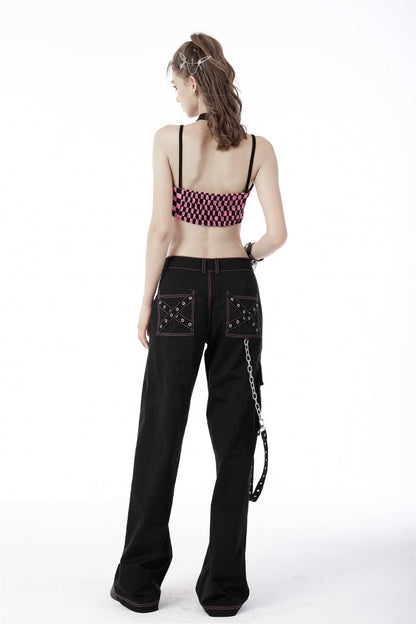 Black Dangerous Bear Chain-Decorated Women's Grunge Bell Bottom Pants