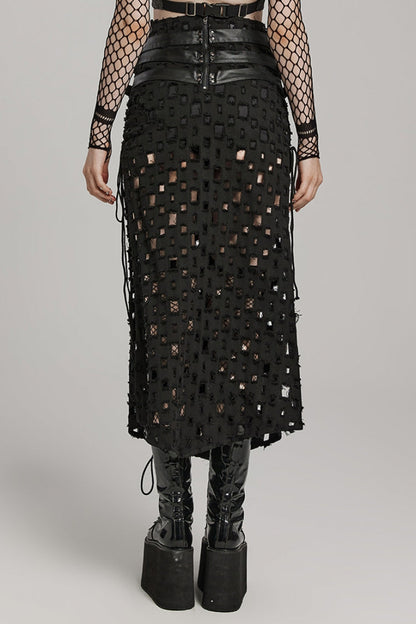 Black Hollow Cross-Taped Stitching Lace-Up Ripped Women's Steampunk Skirt