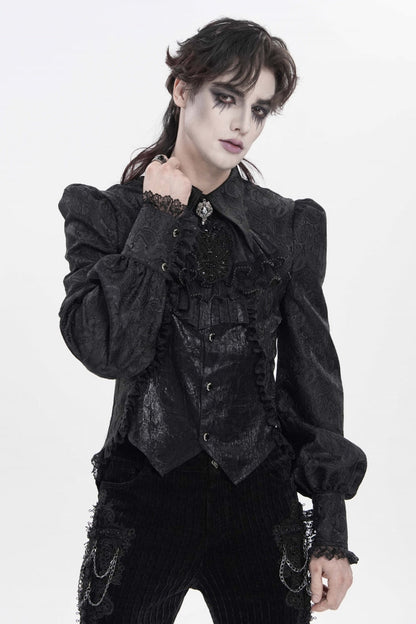 Black Lapel Collar Long Lantern Sleeves Jacquard Embroidered Lace Men's Gothic Palace Swallow-tailed Shirt with Necktie