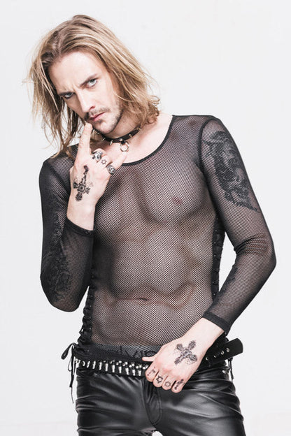 Black Diamond Shaped Mesh Round Neck Long Sleeves Mens Punk T-Shirt