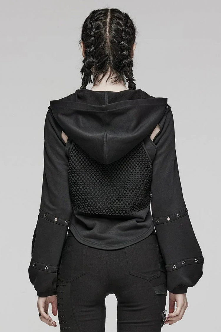 Black Long Sleeves Hollow Mesh Stitching Hooded Womens Steampunk Blouse