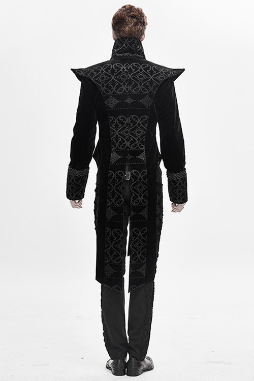 Black High Collar Chinese Palace Floral Pattern Velvet Long Mens Gothic Coat