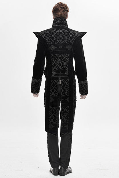 Black High Collar Chinese Palace Floral Pattern Velvet Long Mens Gothic Coat
