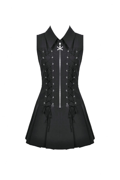 Black Point Collar Sleeveless Skull Zip Women's Punk Dress