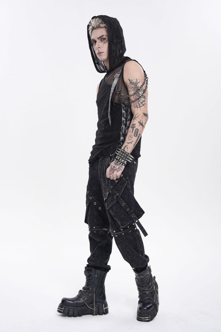 Black Hooded Sheer Asymmetric Chain-Decorated Men's Punk Hooded Vest