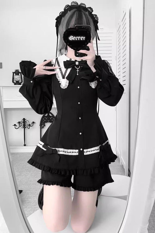 Black Long Sleeves Ruffled Bow Gothic Jirai Kei Dress Shorts