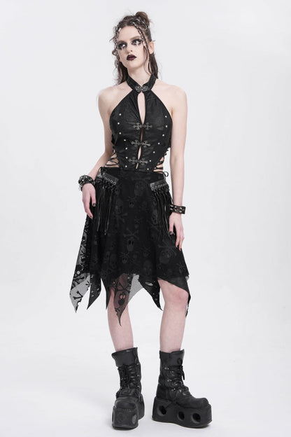 Black Halterneck Sleeveless Skull Print Irregular Women's Punk Dress