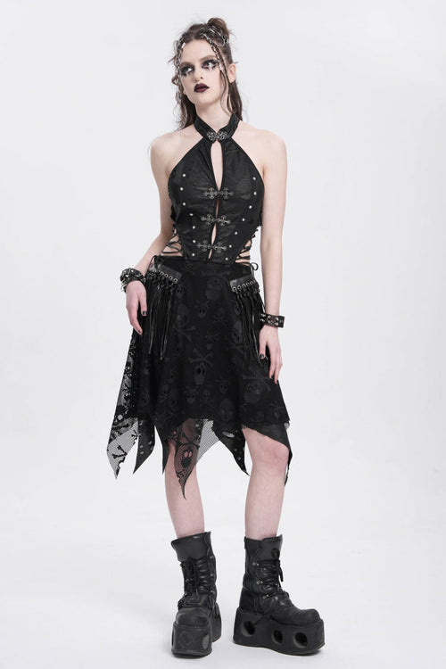 Black Halterneck Sleeveless Skull Print Irregular Women's Punk Dress