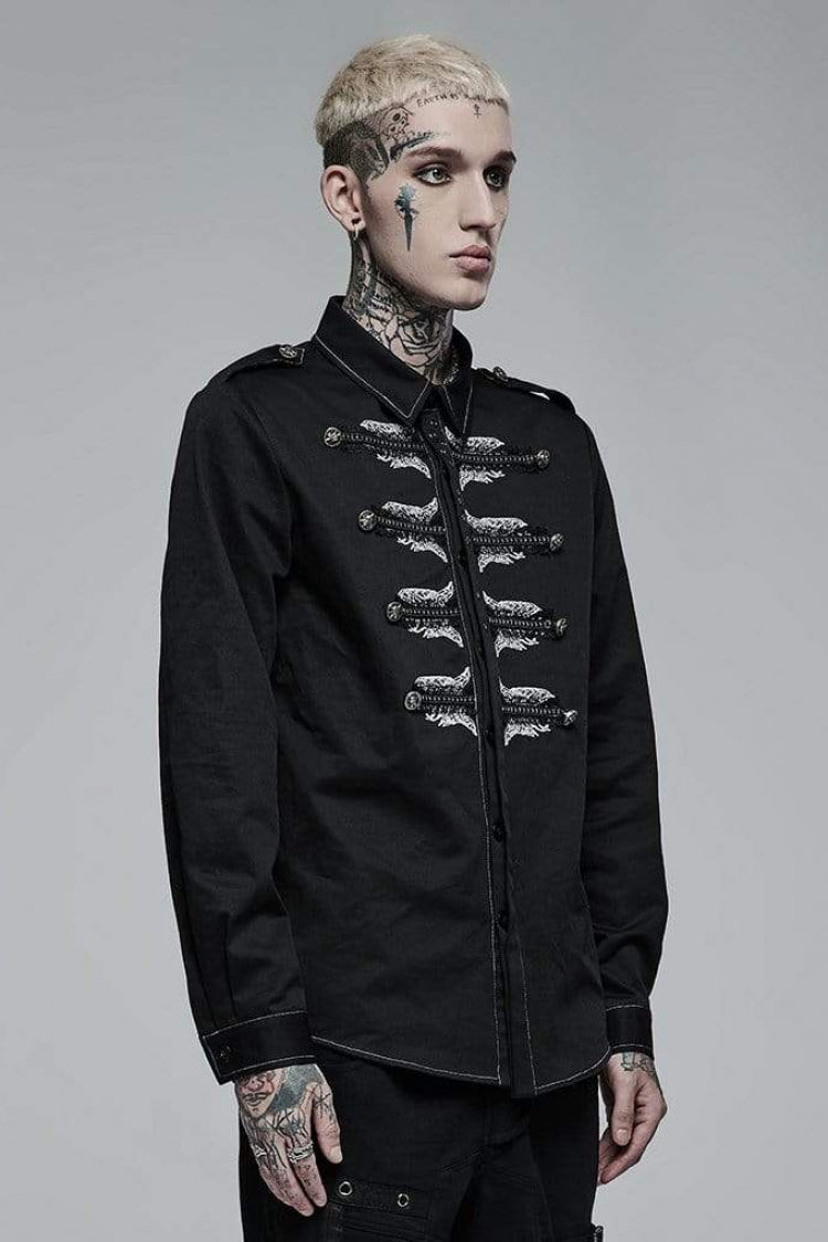 Black Lapel Collar Long Sleeves Skull Print Embroidery Mens Steampunk Blouse