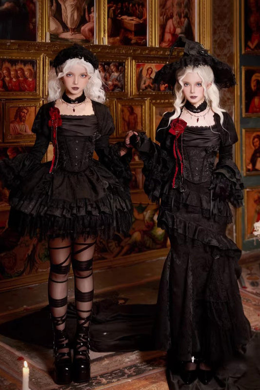 Black  [Letters & Poems · Twilight] Multi-Layered Jacquard Ruffled Witch Gothic Lolita Skirt 2 Versions
