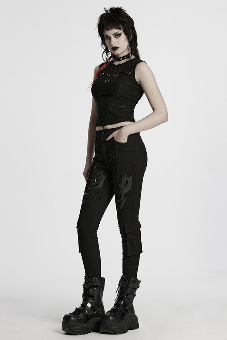 Black Lace-Up Strappy Big-pocket Women's Punk Leggings