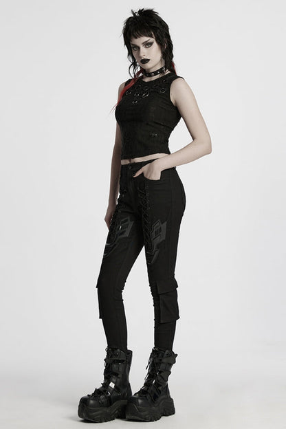 Black Lace-Up Strappy Big-pocket Women's Punk Leggings