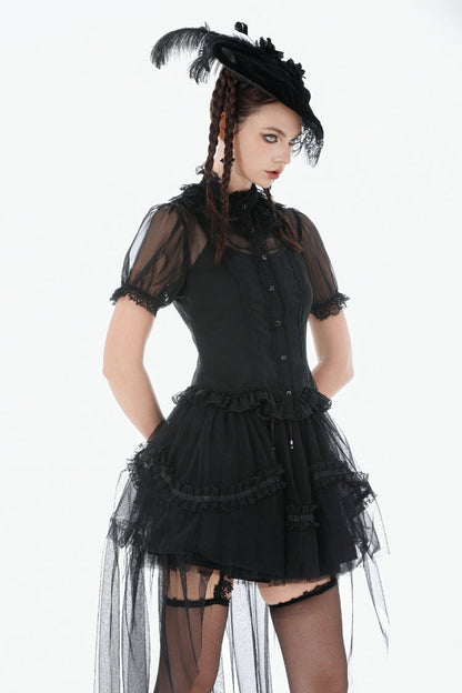 Black Multi-Layered Ruffled Lace Short Puff Sleeves Sheer Women's Courtly Gothic Blouse