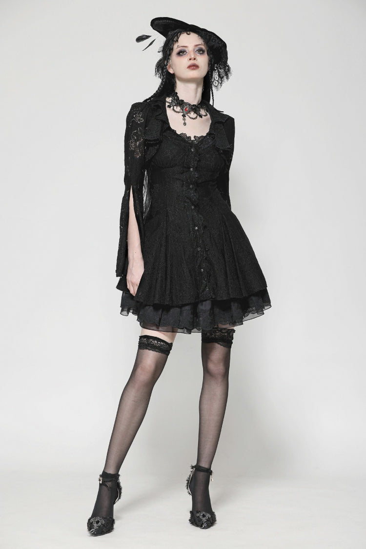 Black Long Trumpet Sleeves Embroidered Lace Lace-Up Women's Gothic Honeymoon Dress