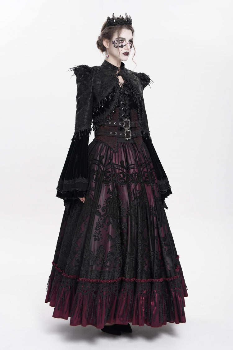 Black Long Sleeves Floral Embroidery Women's Gothic Beaded Frog Short Jacket