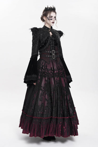 Black Long Sleeves Floral Embroidery Women's Gothic Beaded Frog Short Jacket