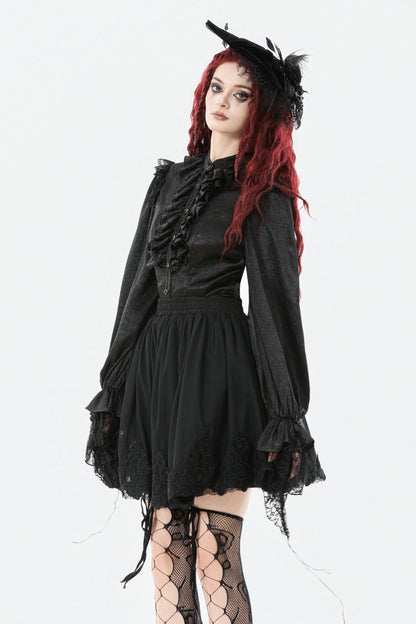 Black Long Lantern Sleeves Ruffled Spliced Lace Women's Gothic Blouse