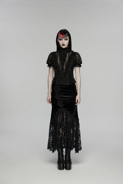 Black Embroidered Lace Slim Women's Gothic Fishtail Velvet Skirt