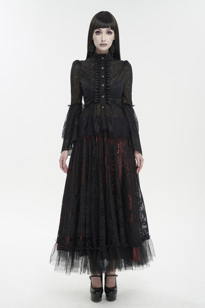 Black Lace Round Collar Flared Sleeved Women's Gothic Shirt