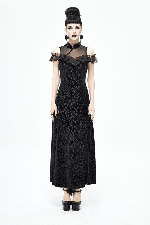 Black Cheongsam Velvet Three Dimensional Print Gothic Dress
