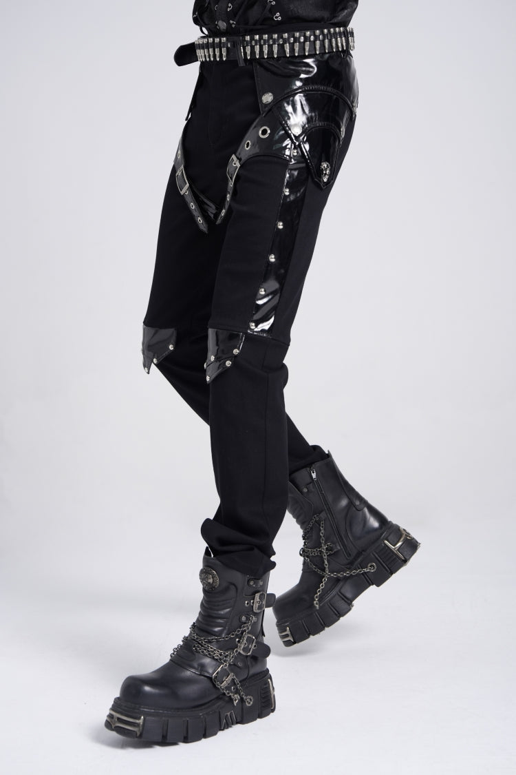 Black Armor Patent Leather Stitching Men's Punk Pants