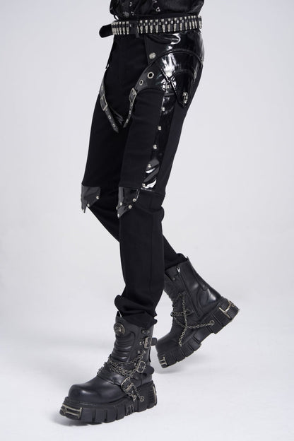 Black Armor Patent Leather Stitching Men's Punk Pants