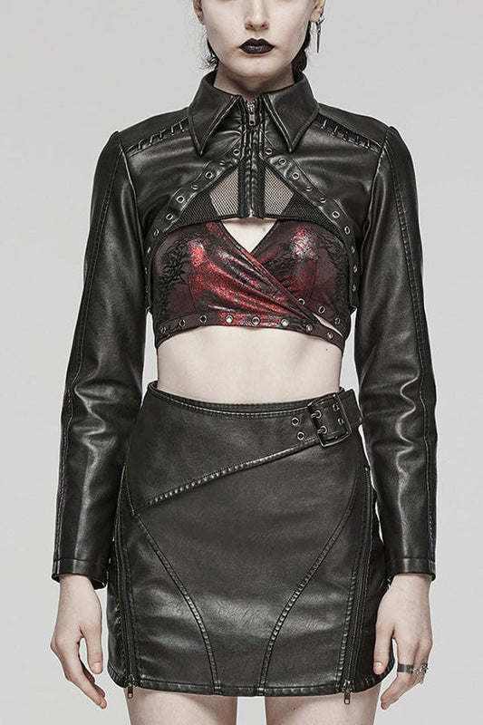 Black Faux Leather Long Sleeves Hollow Stitching Womens Steampunk Short Coat