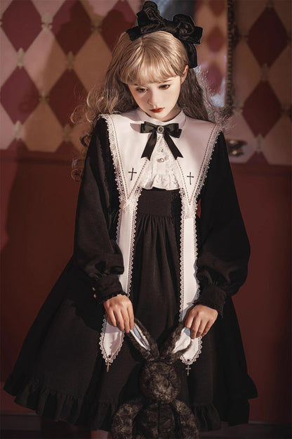 Black Long Sleeves Ruffle Bowknot Classic Gothic Elegant Nun Lolita Dress