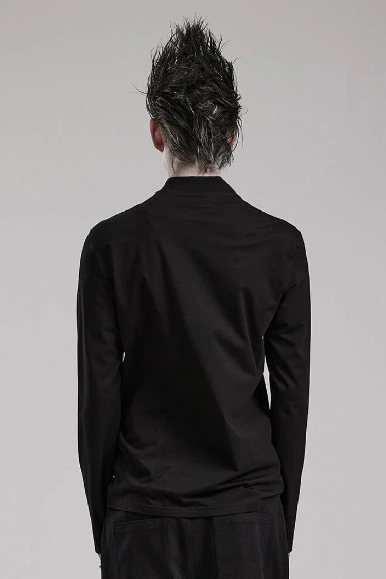 Black Long Sleeves Faux Leather Stitching Mens Steampunk Blouse