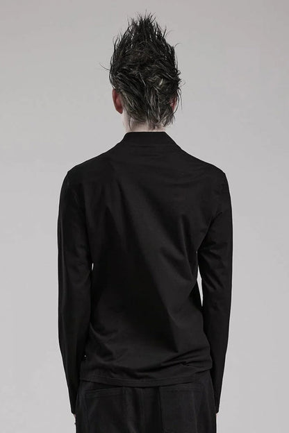 Black Long Sleeves Faux Leather Stitching Mens Steampunk Blouse