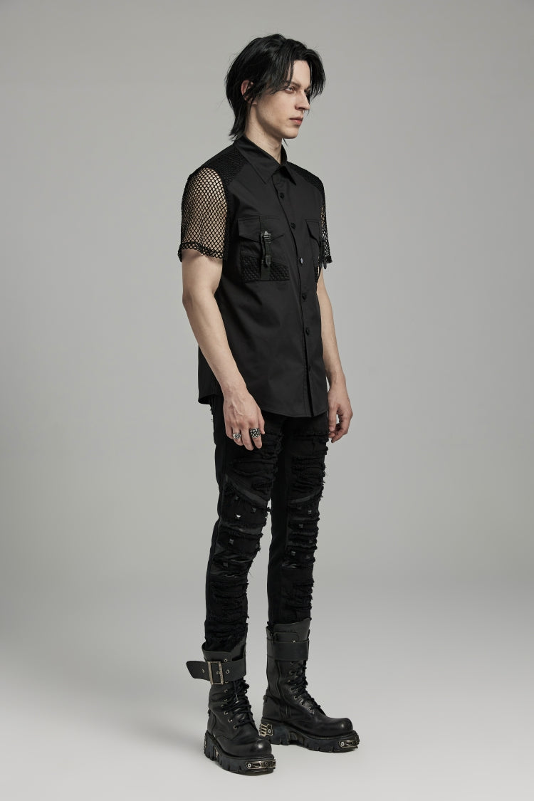 Black Lapel Collar Short Sleeves Mesh Stitching Men's Punk Blouse