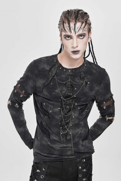 Black Long Sleeves Cutout Rivets Chain Men's Punk Blouse