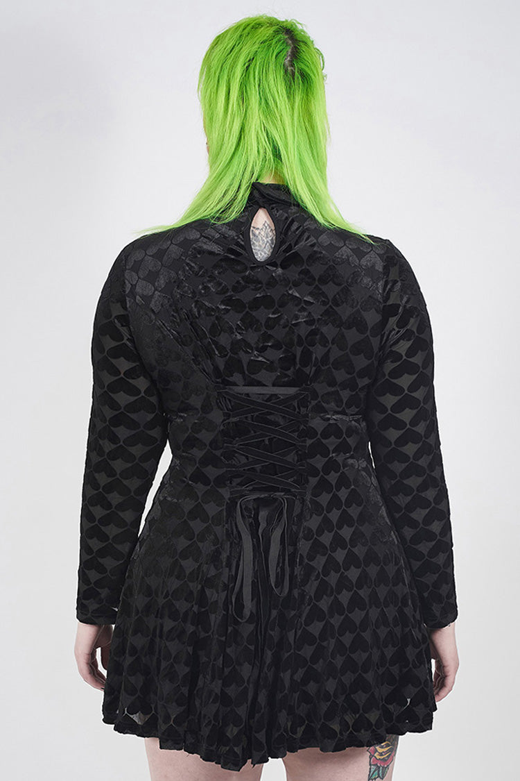 Black Front Chest Hollow-Out Decals Long Sleeve Back Waist Lace-Up Plus Size Mercerized Velvet Print Women's Gothic Dress