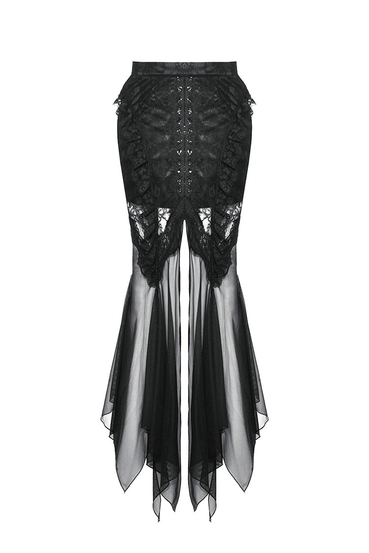 Black Lace-Up Mesh Spliced Lace Women's Gothic Fishtailed Skirt