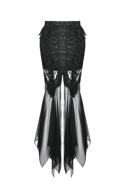 Black Lace-Up Mesh Spliced Lace Women's Gothic Fishtailed Skirt