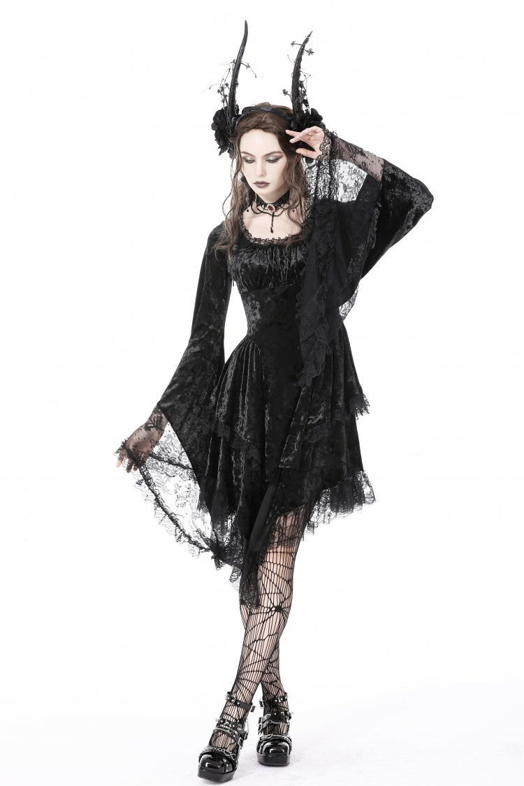 Black Irregular Long Trumpet Sleeves Lace Spliced Women's Gothic Velvet Graduation Dress