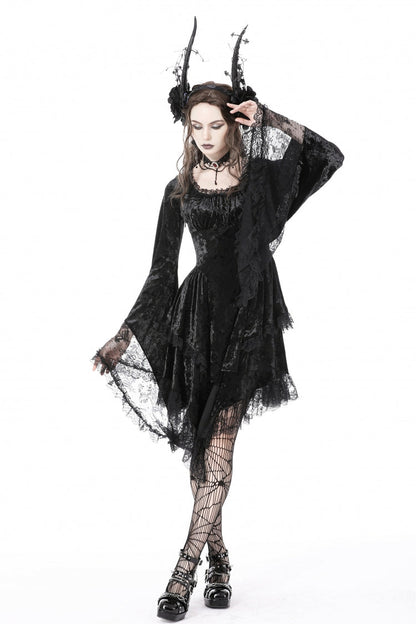Black Irregular Long Trumpet Sleeves Lace Spliced Women's Gothic Velvet Graduation Dress