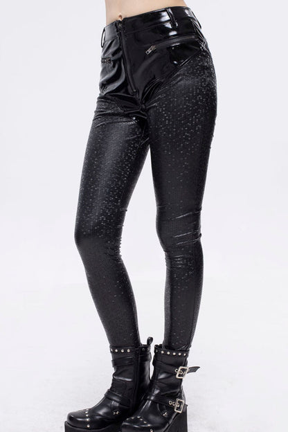 Black Gothic Hexagon Pattern Irregular Star Reflection Shiny Elasticity Leather Women's Leggings
