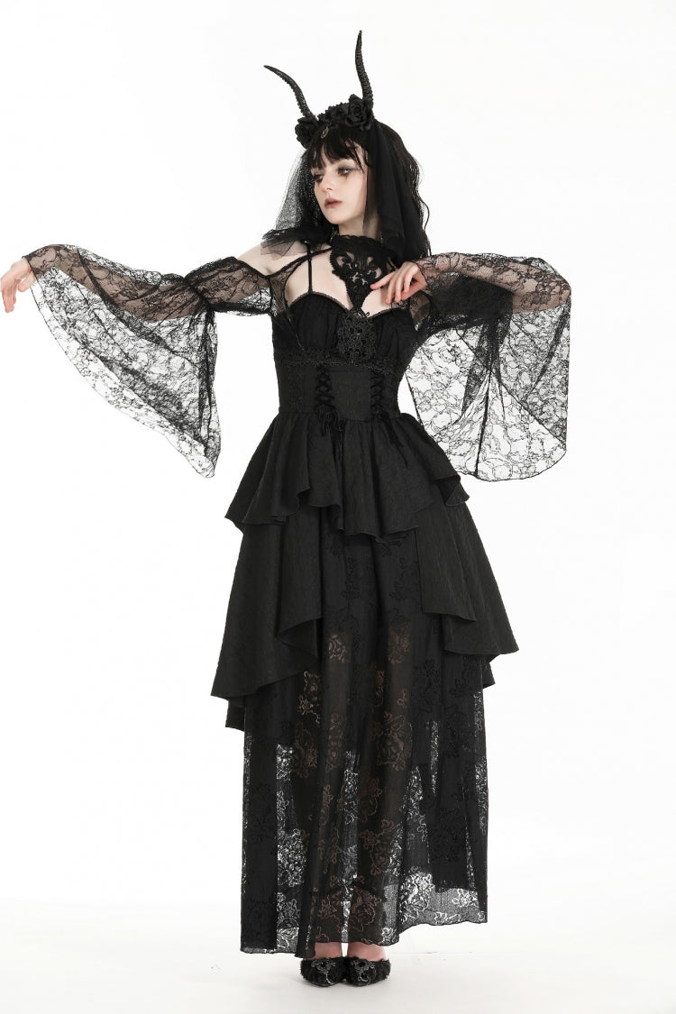 Black Off Shoulder Long Puff Sleeves Cut-Out Lace Women's Gothic Cape