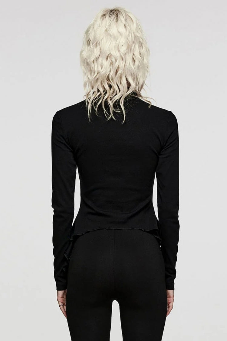 Black Long Sleeves Moon Print Leather Stitching Irregular Womens Steampunk T-Shirt