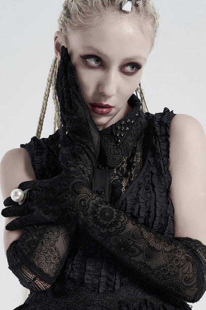Black Floral Embroidery Lace Mesh Women's Gothic Vintage Long Gloves