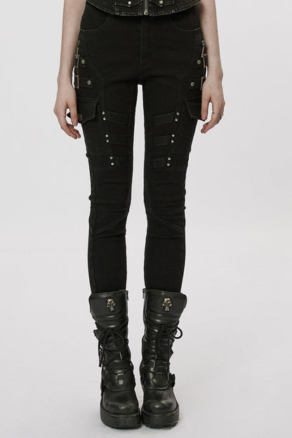 Black Multi-Pocket Buckle Women's Punk Jeans Pants