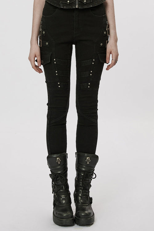 Black Multi-Pocket Buckle Women's Punk Jeans Pants
