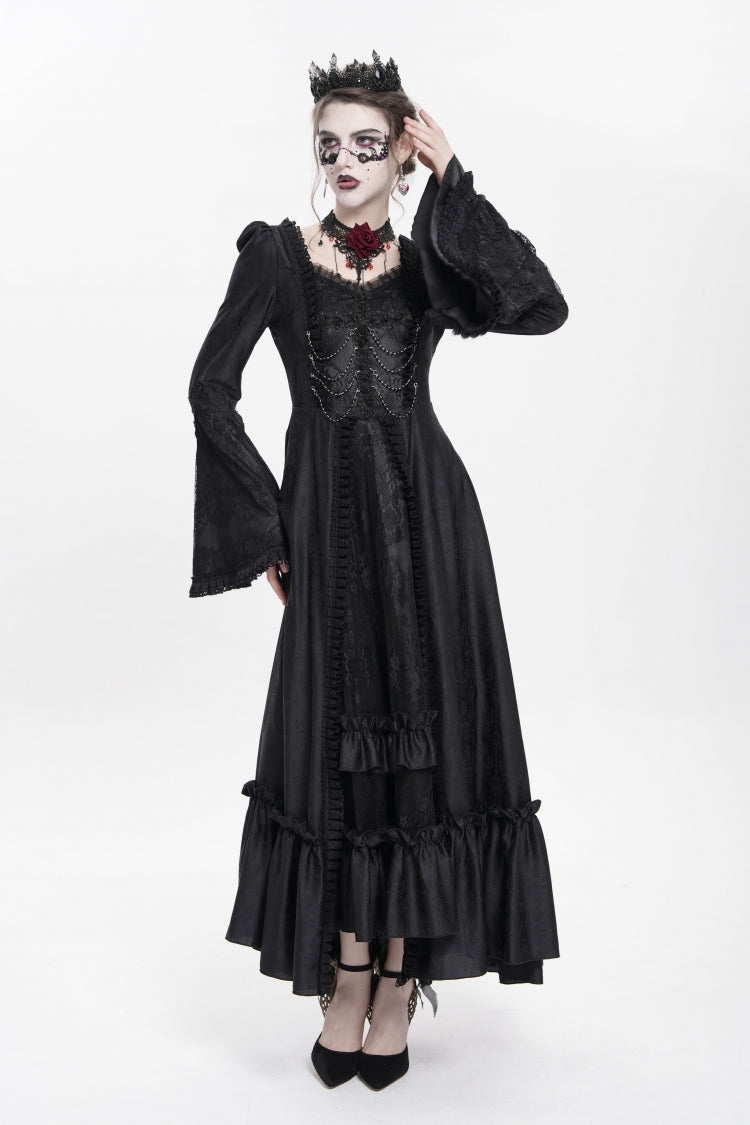 Black Long Sleeves Floral Embroidery Lace-Up Pleated Women's Gothic Dress