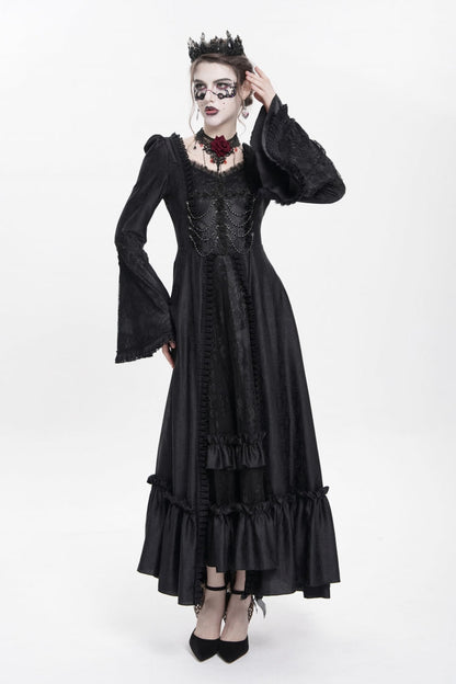Black Long Sleeves Floral Embroidery Lace-Up Pleated Women's Gothic Dress