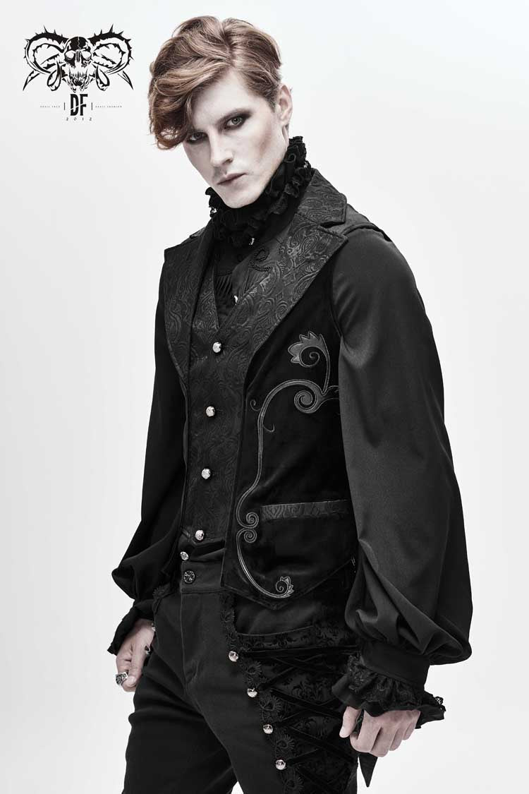 Black Fake Two Piece Leather Embroidered Swallow Tail Hem Men's Gothic Waistcoat