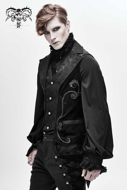Black Fake Two Piece Leather Embroidered Swallow Tail Hem Men's Gothic Waistcoat